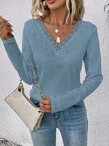 Waffle-Knit Lace Detail V-Neck Long Sleeve T-Shirt Dusty Blue Women's T-Shirts - Tophatter Daily Deals
