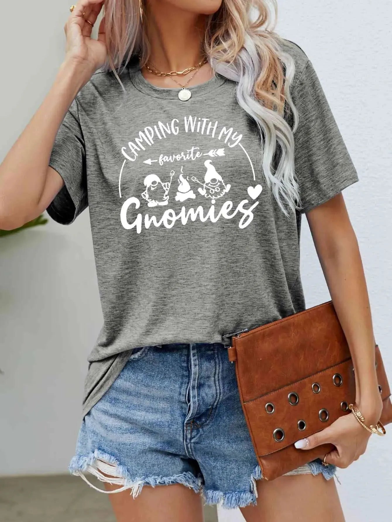 CAMPING WITH MY FAVORITE GNOMIES Graphic Tee Heather Gray Women's T-Shirts - Tophatter Daily Deals