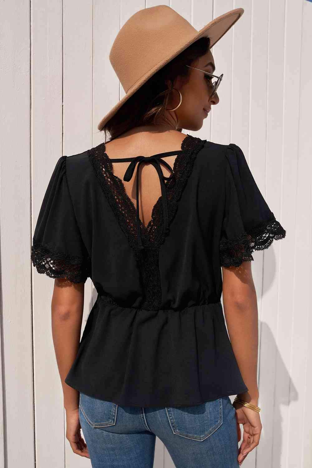 Lace Trim V-Neck Tied Peplum Blouse Blouses - Tophatter Daily Deals