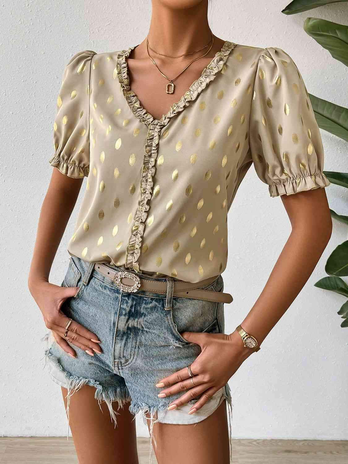 Printed Frill Trim V-Neck Blouse Blouses - Tophatter Daily Deals