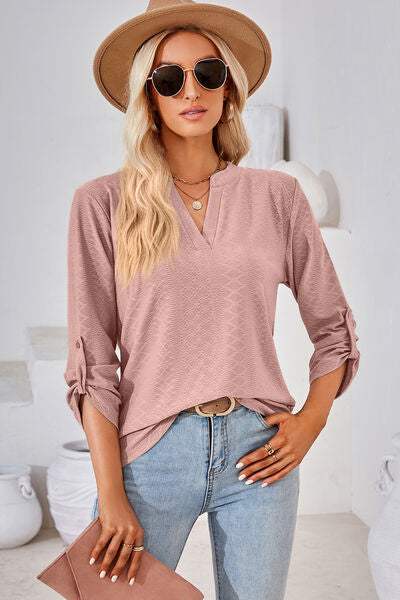 Notched Roll-Tab Sleeve T-Shirt Light Mauve Women's T-Shirts - Tophatter Daily Deals