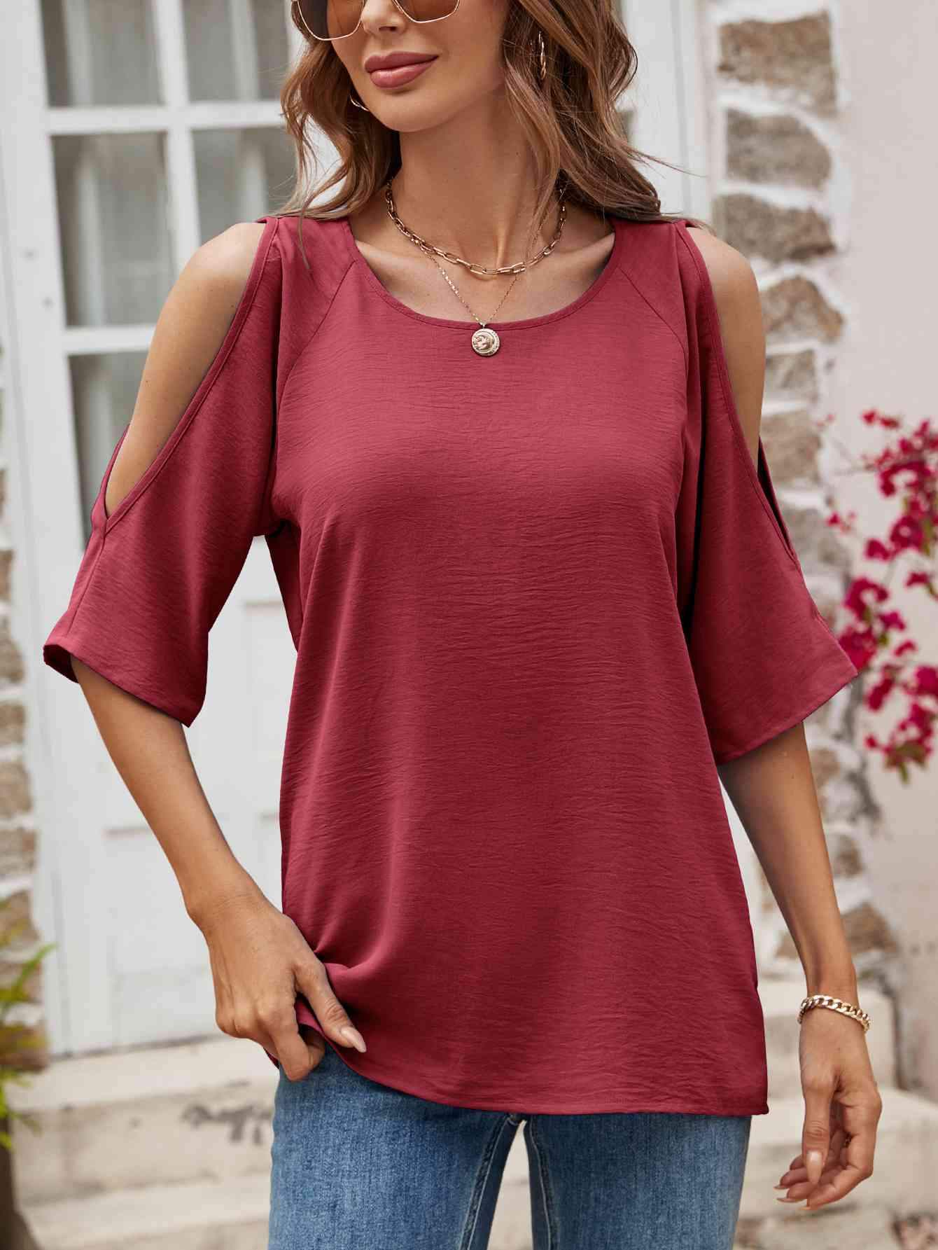 Textured Round Neck Split Sleeve Top Women's T-Shirts - Tophatter Daily Deals