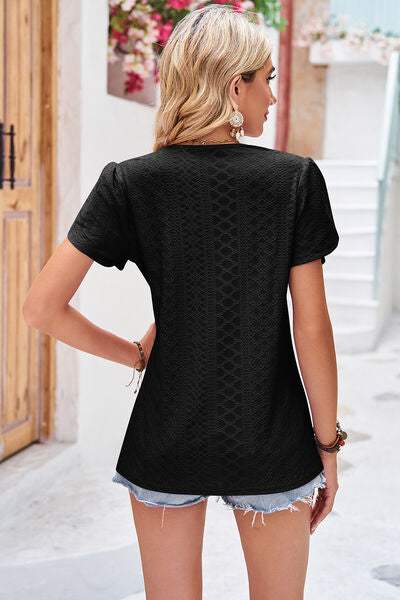 Eyelet V-Neck Petal Sleeve T-Shirt Women's T-Shirts - Tophatter Daily Deals