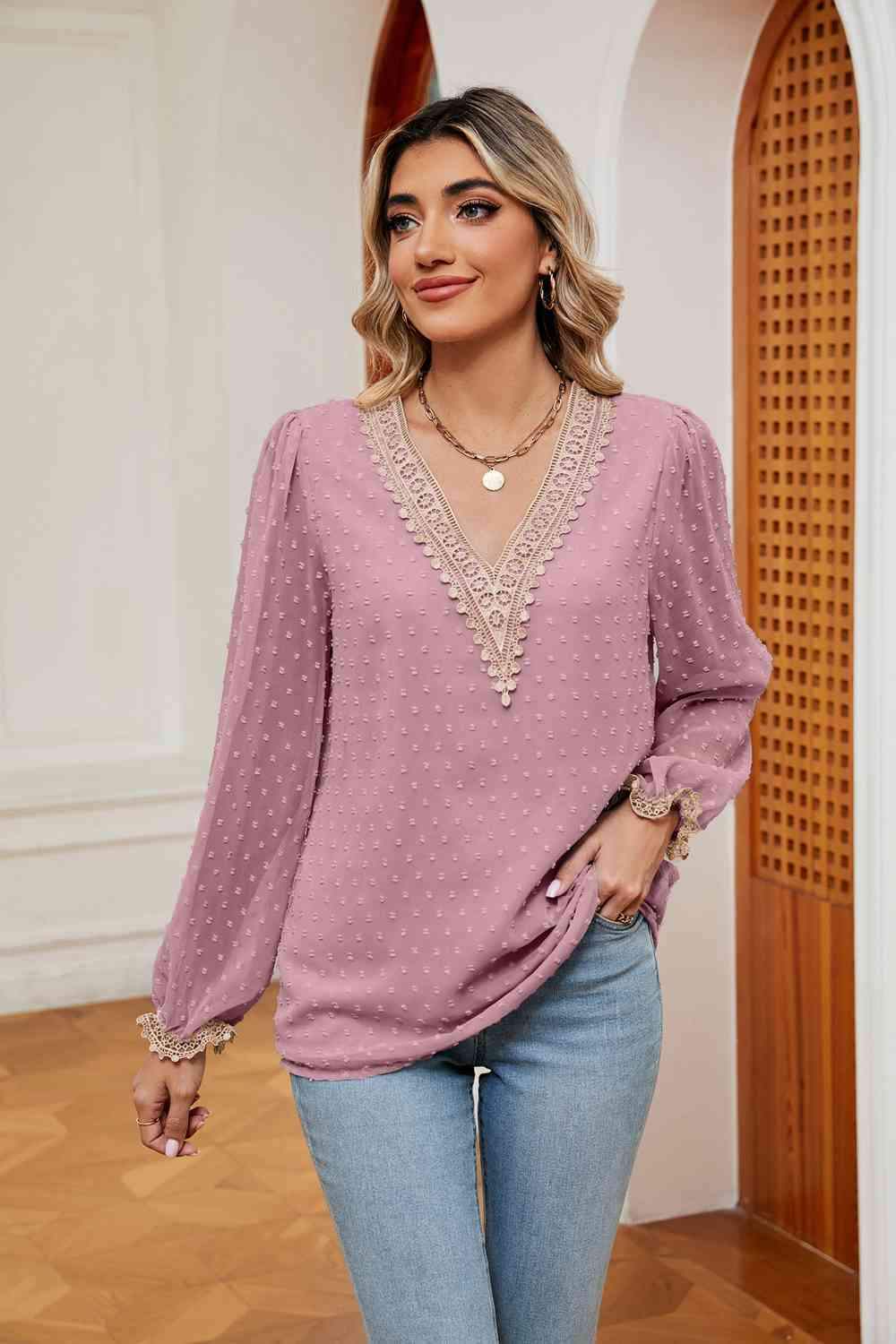 Swiss Dot Contrast V-Neck Blouse Light Mauve Blouses - Tophatter Daily Deals