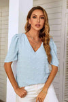 Swiss Dot V-Neck Puff Sleeve Blouse Blouses - Tophatter Daily Deals