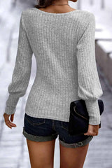 Ribbed Round Neck Lantern Sleeve Blouse Blouses - Tophatter Daily Deals