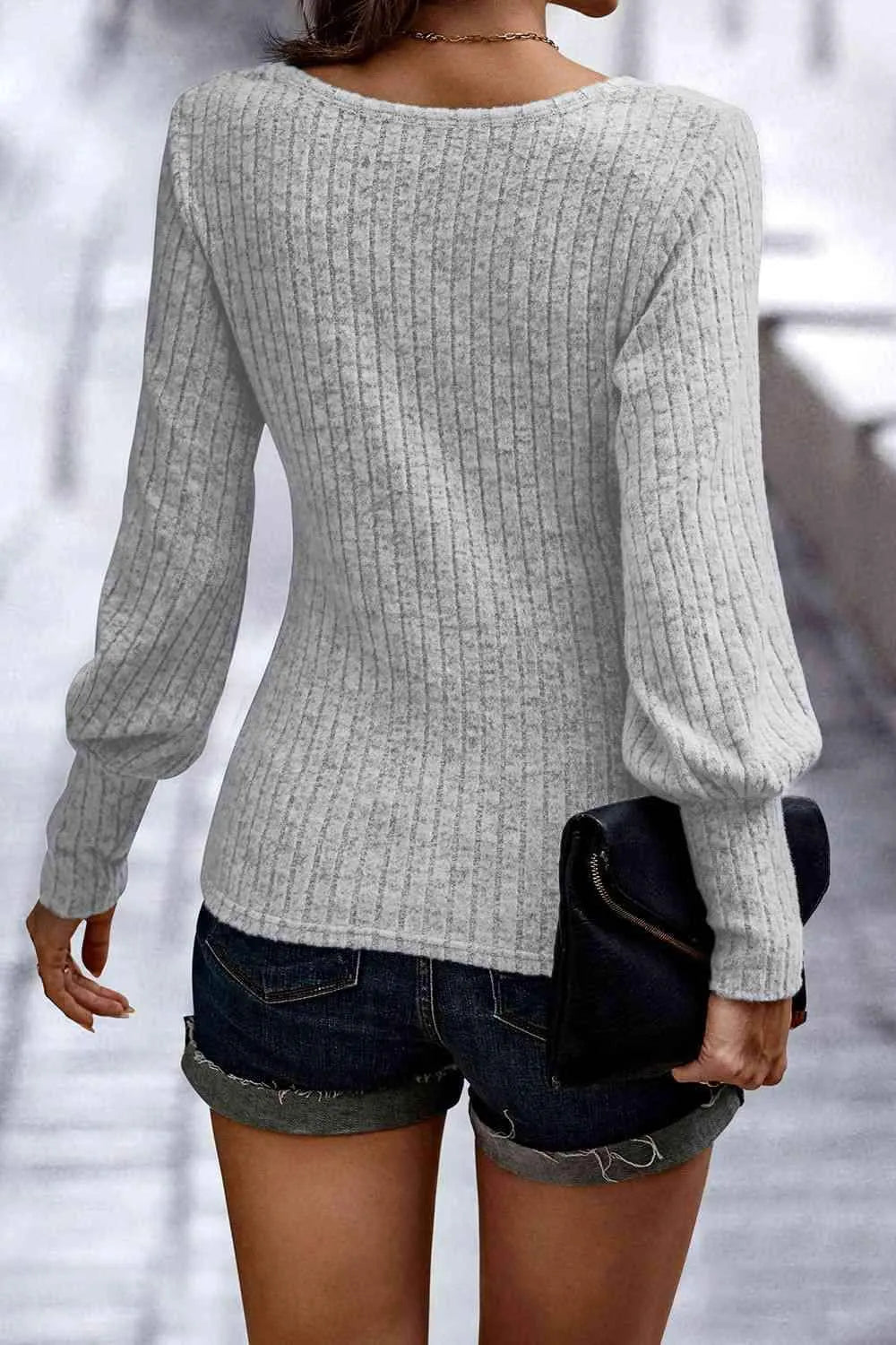 Ribbed Round Neck Lantern Sleeve Blouse Blouses - Tophatter Daily Deals
