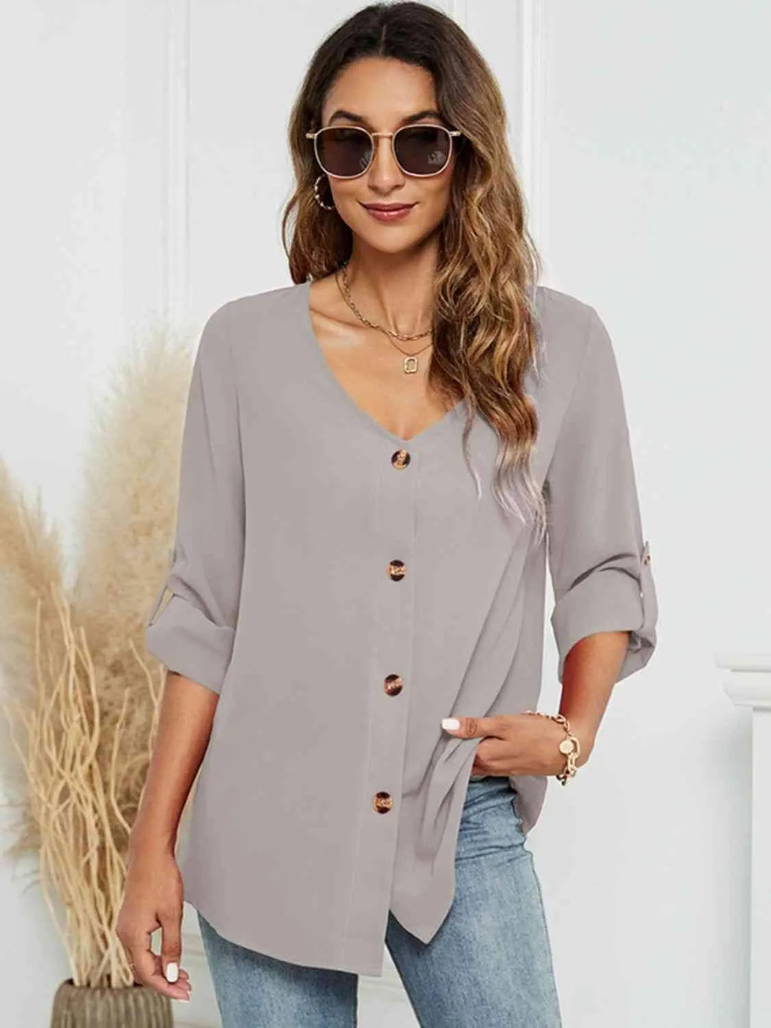 Roll-Tap Long Sleeve V-Neck Buttoned Blouse Blouses - Tophatter Daily Deals