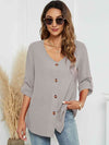 Roll-Tap Long Sleeve V-Neck Buttoned Blouse - Tophatter Deals