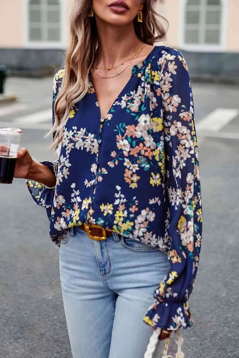 Floral Print Flounce Sleeve Blouse Blouses - Tophatter Daily Deals
