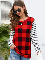 Plaid Striped Round Neck Long Sleeve T-Shirt Women's T-Shirts - Tophatter Daily Deals