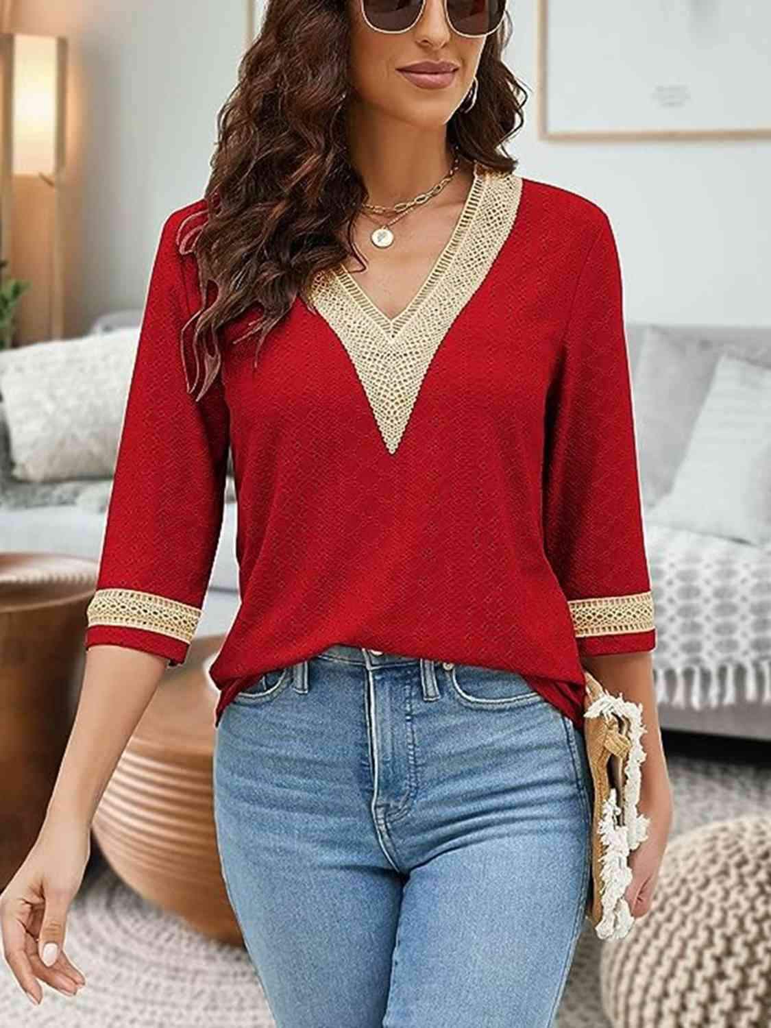 V-Neck Eyelet Blouse Deep Red Blouses - Tophatter Daily Deals