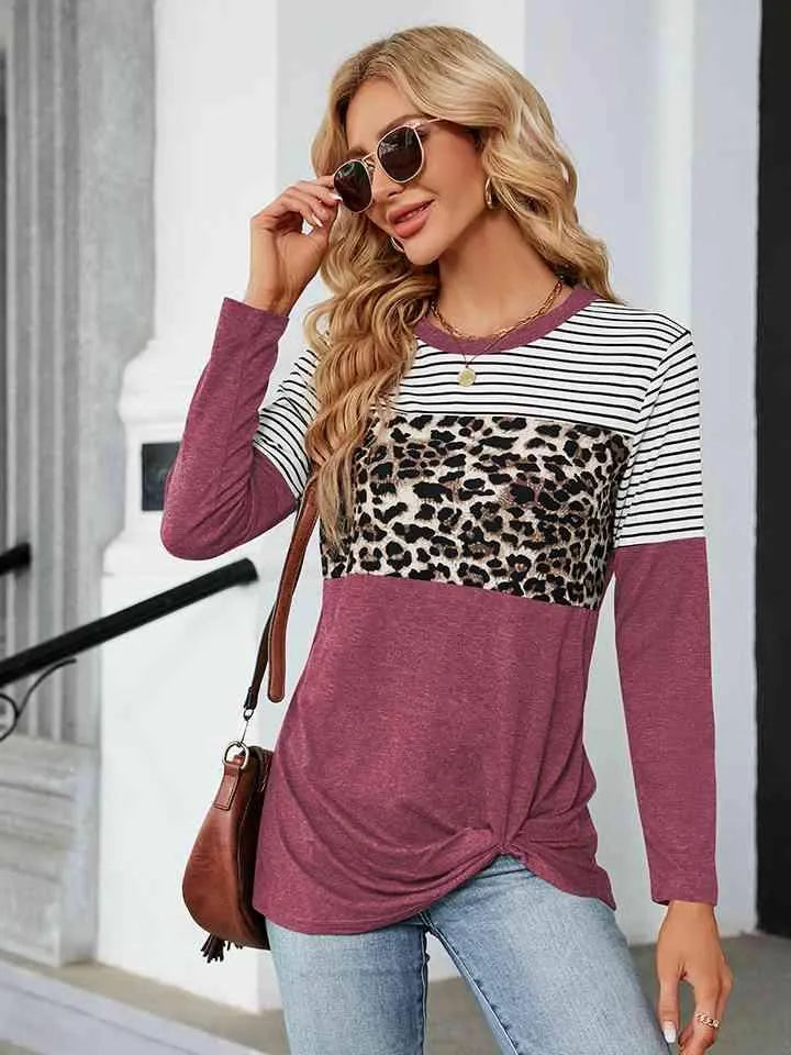 Color Block Round Neck Long Sleeve Blouse Moonlit Mauve Blouses - Tophatter Daily Deals
