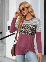 Color Block Round Neck Long Sleeve Blouse Moonlit Mauve Blouses - Tophatter Daily Deals