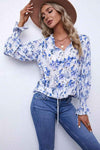 Floral Frill Trim Tie Neck Flounce Sleeve Blouse Blouses - Tophatter Daily Deals