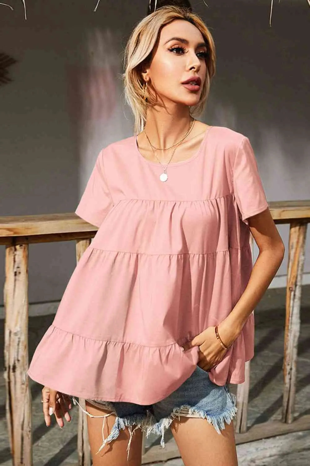 Round Neck Short Sleeve Tiered Blouse Blouses - Tophatter Daily Deals
