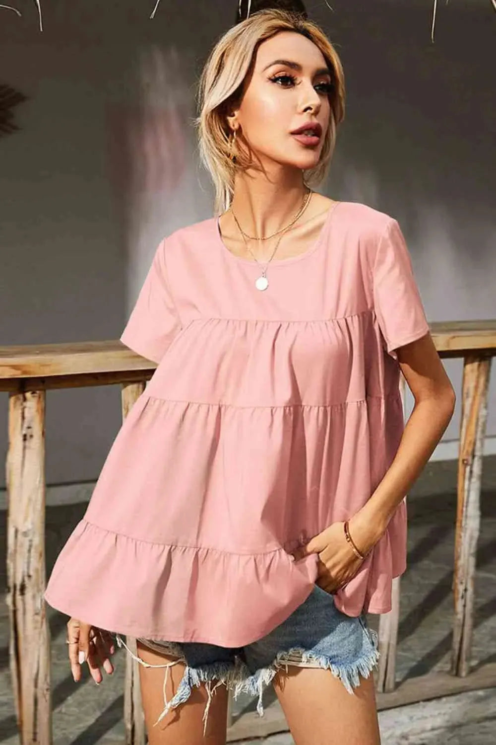 Round Neck Short Sleeve Tiered Blouse Blouses - Tophatter Daily Deals