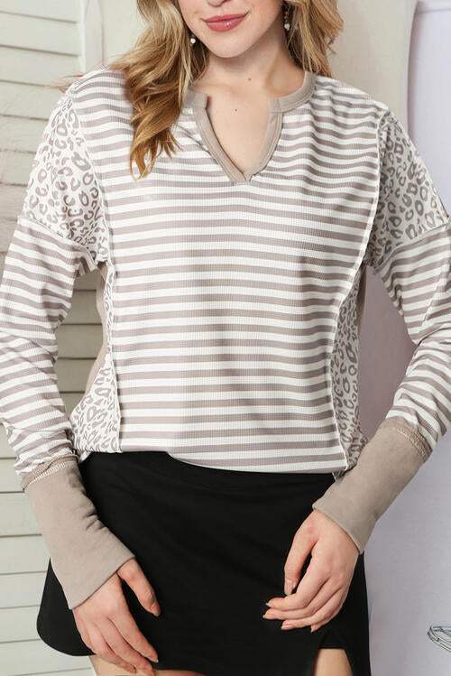 Exposed Seam Striped Notched Blouse Blouses - Tophatter Daily Deals