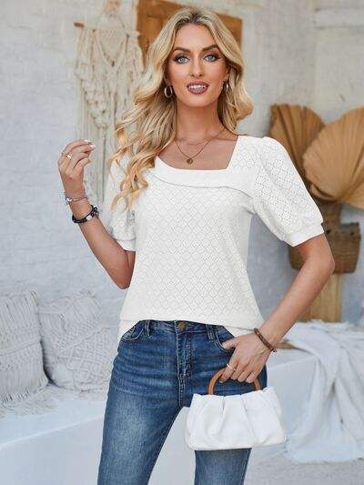 Eyelet Asymmetrical Neck Short Sleeve T-Shirt White Women's T-Shirts - Tophatter Daily Deals