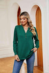 Buttoned Notched Neck Long Sleeve Top Blouses - Tophatter Daily Deals