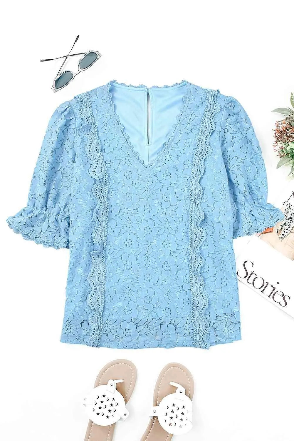 Lace V-Neck Flounce Sleeve Top Pastel Blue Blouses - Tophatter Daily Deals
