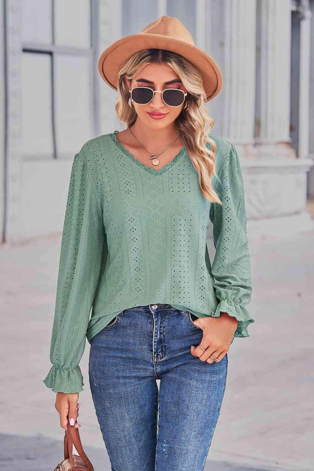 Lace Trim V-Neck Flounce Sleeve Top Blouses - Tophatter Daily Deals