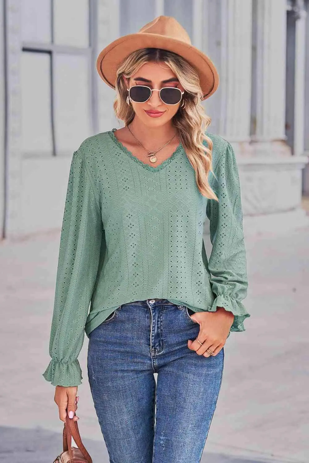 Lace Trim V-Neck Flounce Sleeve Top Blouses - Tophatter Daily Deals