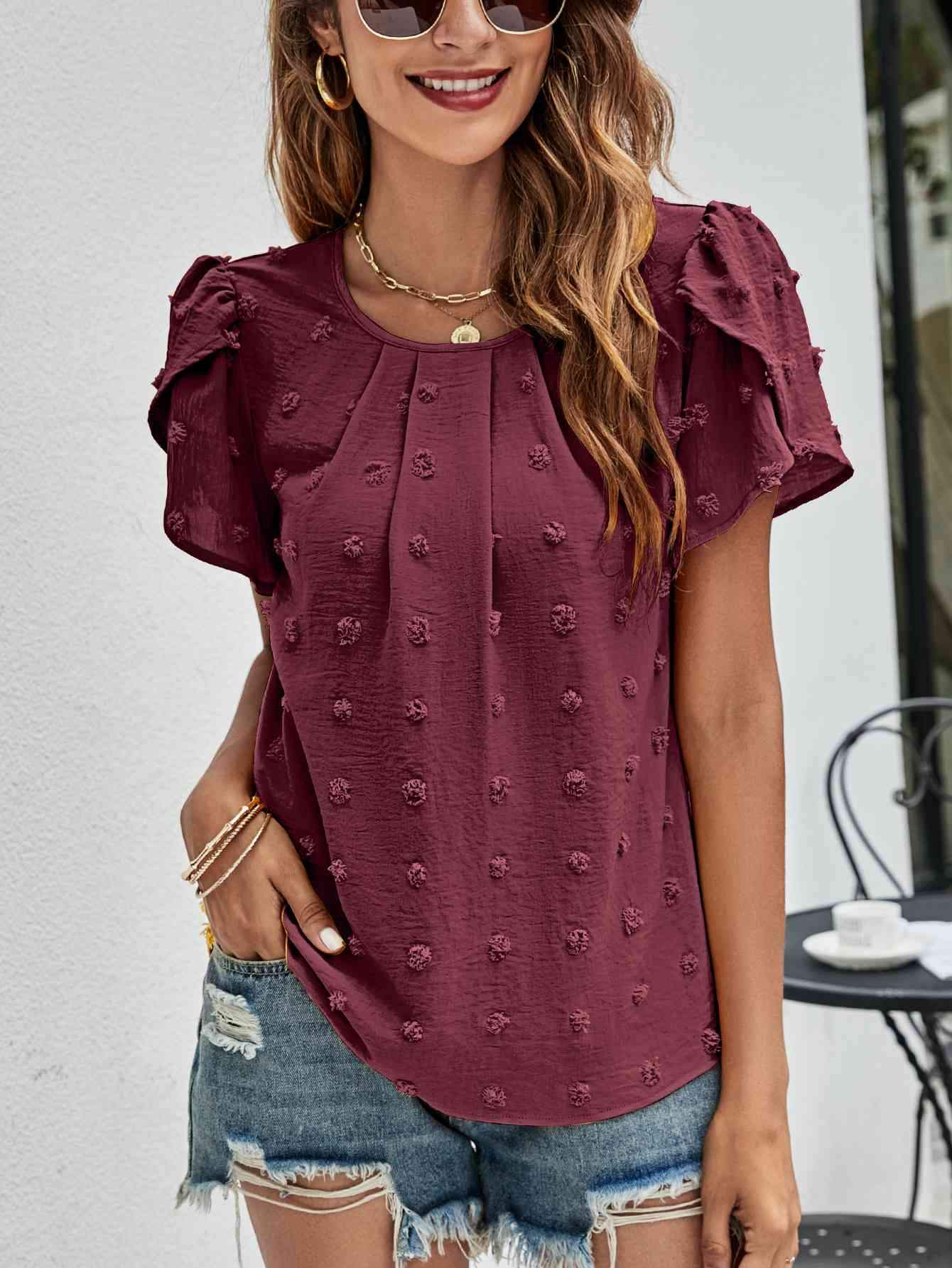 Swiss Dot Round Neck Petal Sleeve Top Wine Blouses - Tophatter Daily Deals