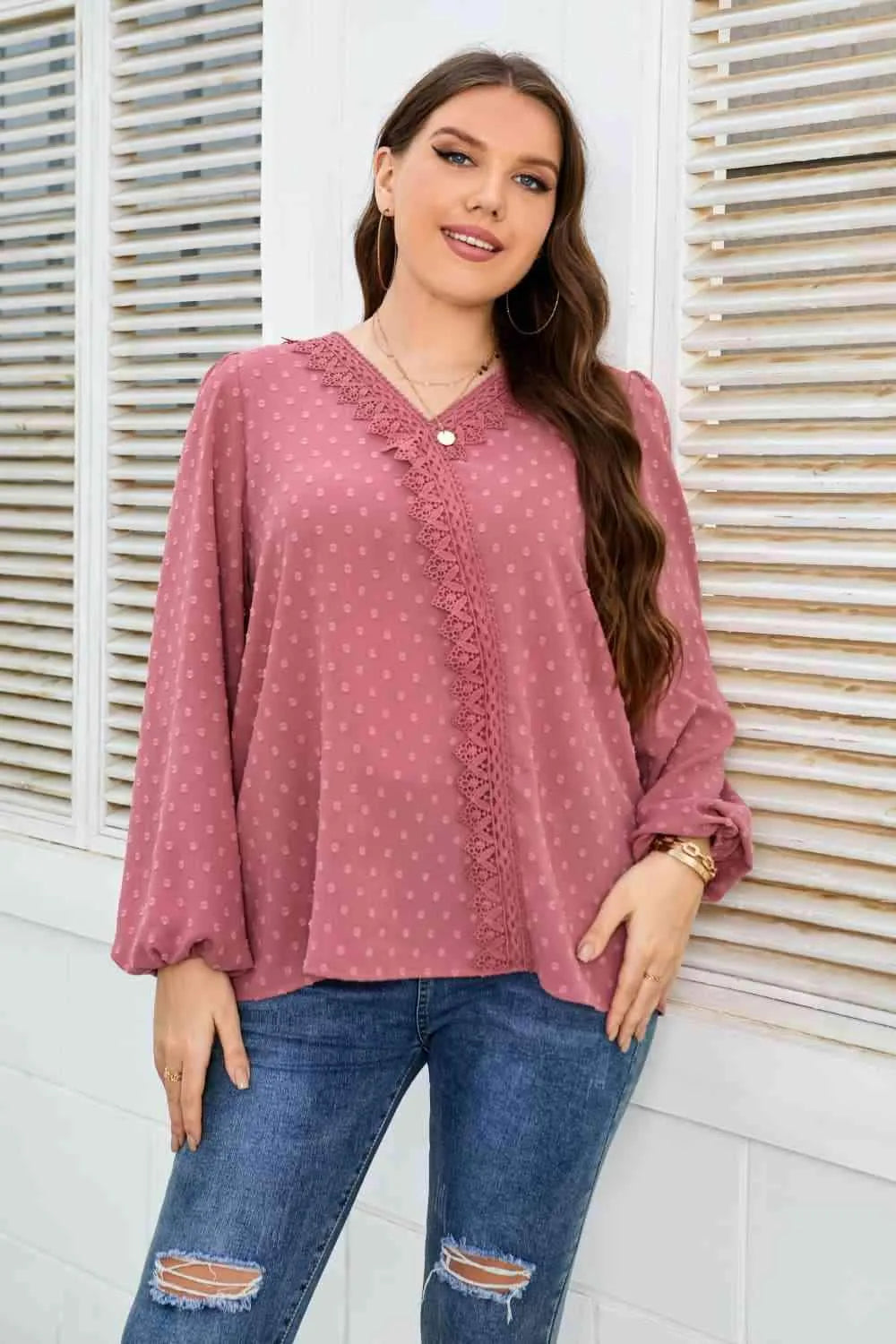 Melo Apparel Plus Size Lace Trim V-Neck Balloon Sleeve Blouse Light Mauve Blouses - Tophatter Daily Deals