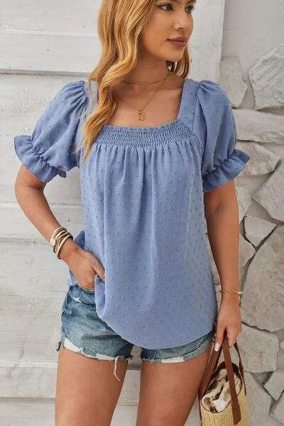 Swiss Dot Smocked Square Neck Short Sleeve T-Shirt Misty Blue Women's T-Shirts - Tophatter Daily Deals