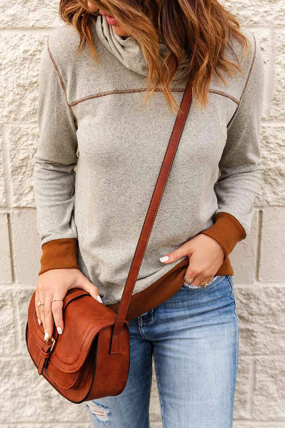 Contrast Cowl Neck Long Sleeve Top Gray S Blouses - Tophatter Daily Deals