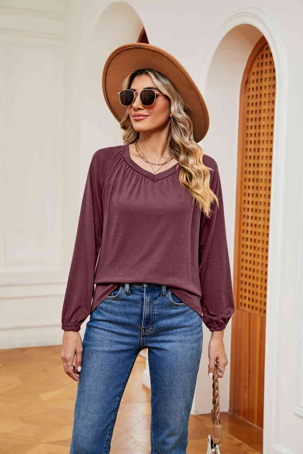 V-Neck Long Sleeve T-Shirt Fuchsia Women's T-Shirts - Tophatter Daily Deals