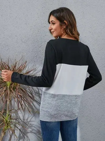 Color Block Round Neck Long Sleeve T-Shirt Women's T-Shirts - Tophatter Daily Deals