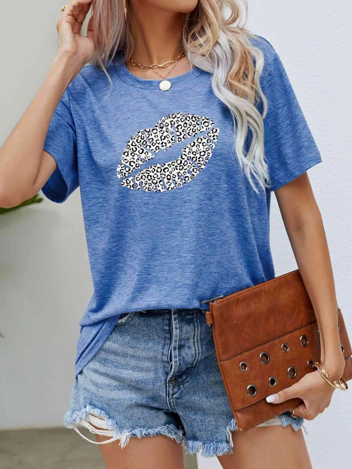 Leopard Lip Graphic Round Neck Tee Women's T-Shirts - Tophatter Daily Deals