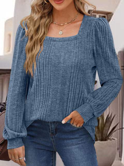 Square Neck Long Sleeve Top Dusty Blue Blouses - Tophatter Daily Deals