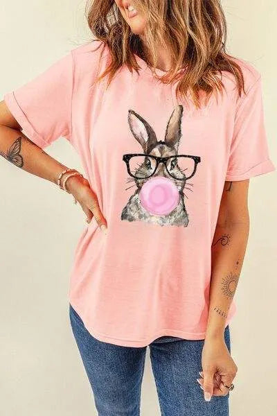 Rabbit Round Neck Short Sleeve T-Shirt Peach Women's T-Shirts - Tophatter Daily Deals