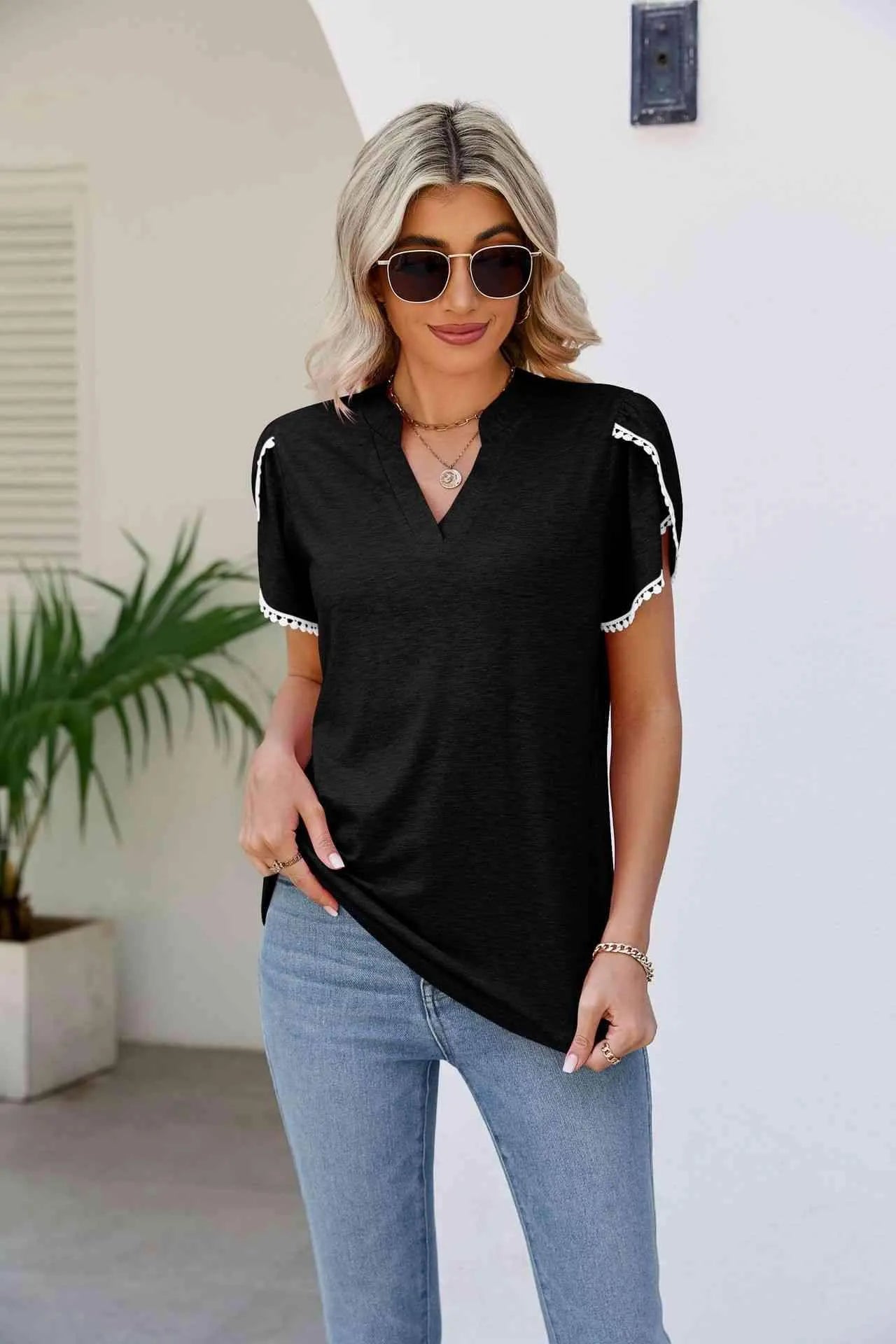 Pom-Pom Trim Petal Sleeve Notched Neck Top Blouses - Tophatter Daily Deals