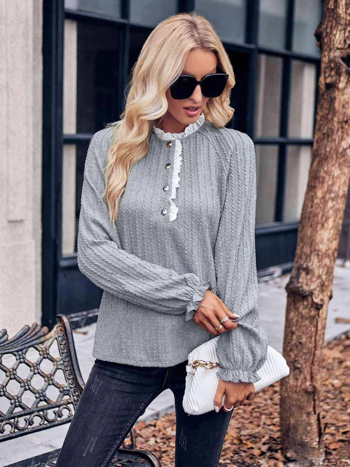 Half-Snap Lace Trim Top Heather Gray Blouses - Tophatter Daily Deals