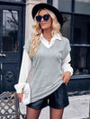 Ribbed Collared Neck Dropped Shoulder Blouse Blouses - Tophatter Daily Deals