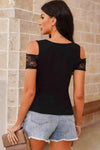 Notched Neck Cold-Shoulder Spliced Lace Top Blouses - Tophatter Daily Deals