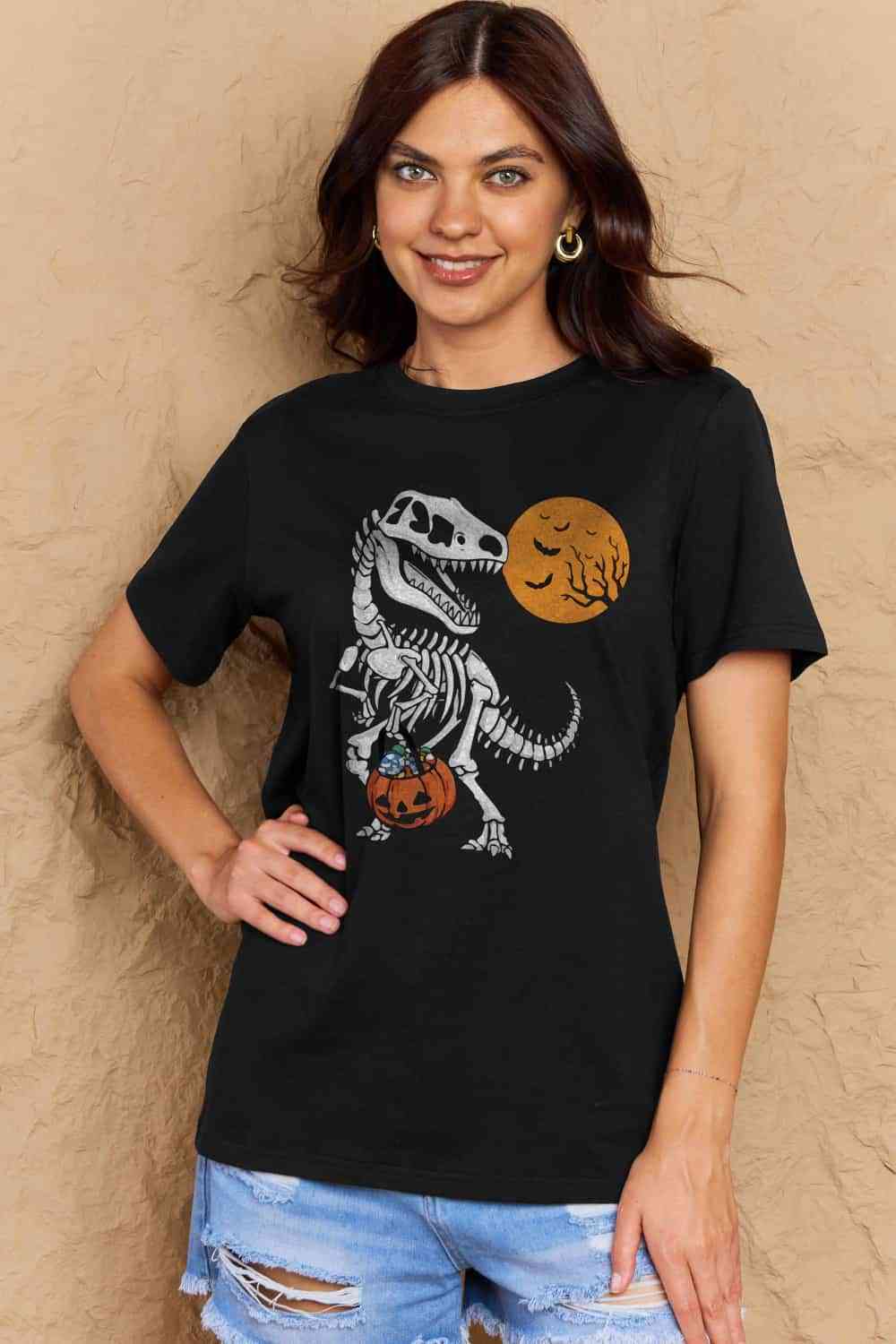 Simply Love Full Size Dinosaur Skeleton Graphic Cotton T-Shirt Women's T-Shirts - Tophatter Daily Deals