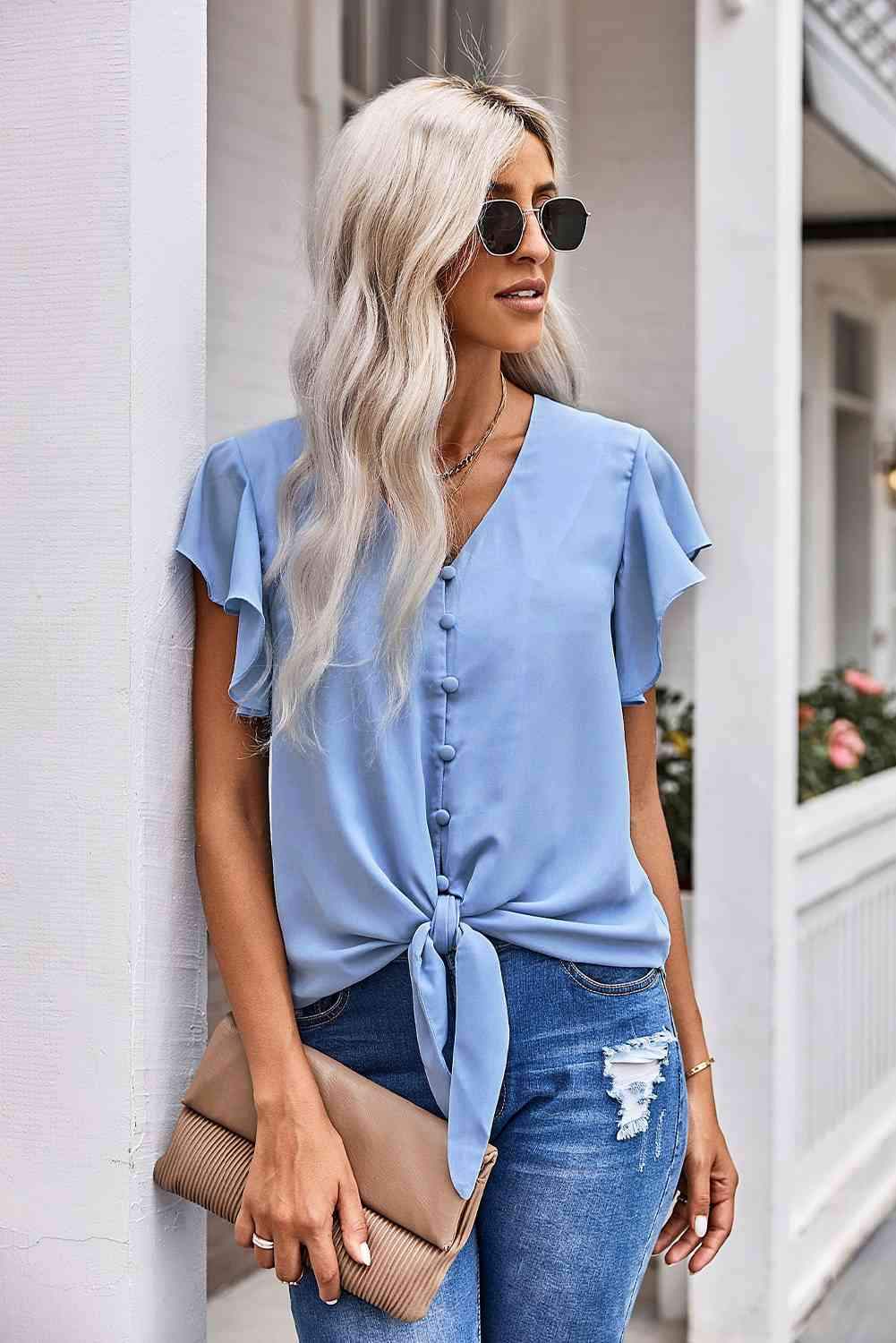 V-Neck Tie Hem Flutter Sleeve Blouse Blouses - Tophatter Daily Deals