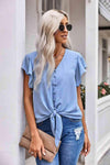 V-Neck Tie Hem Flutter Sleeve Blouse Blouses - Tophatter Daily Deals