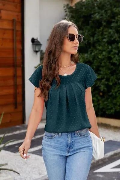 Swiss Dot Round Neck Cap Sleeve T-Shirt Black Forest Women's T-Shirts - Tophatter Daily Deals