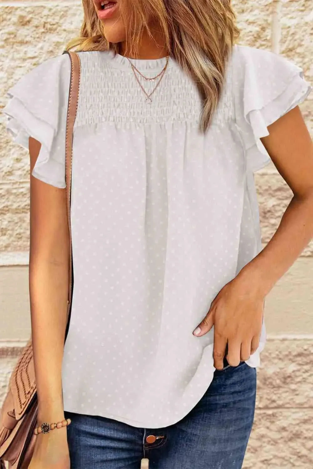 Layered Flutter Sleeve Smocked Blouse Blouses - Tophatter Daily Deals