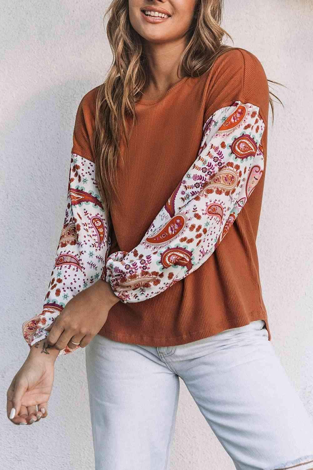 Round Neck Printed Dropped Shoulder Blouse Caramel Blouses - Tophatter Daily Deals