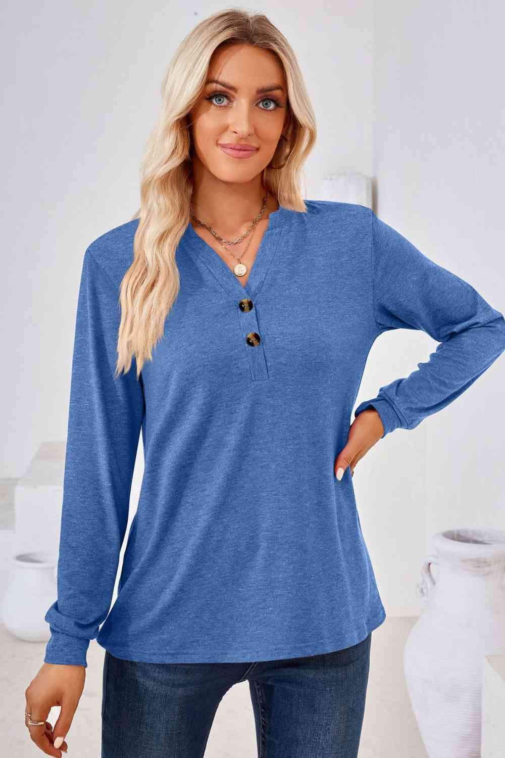 V-Neck Buttoned Long Sleeve Blouse Blouses - Tophatter Daily Deals