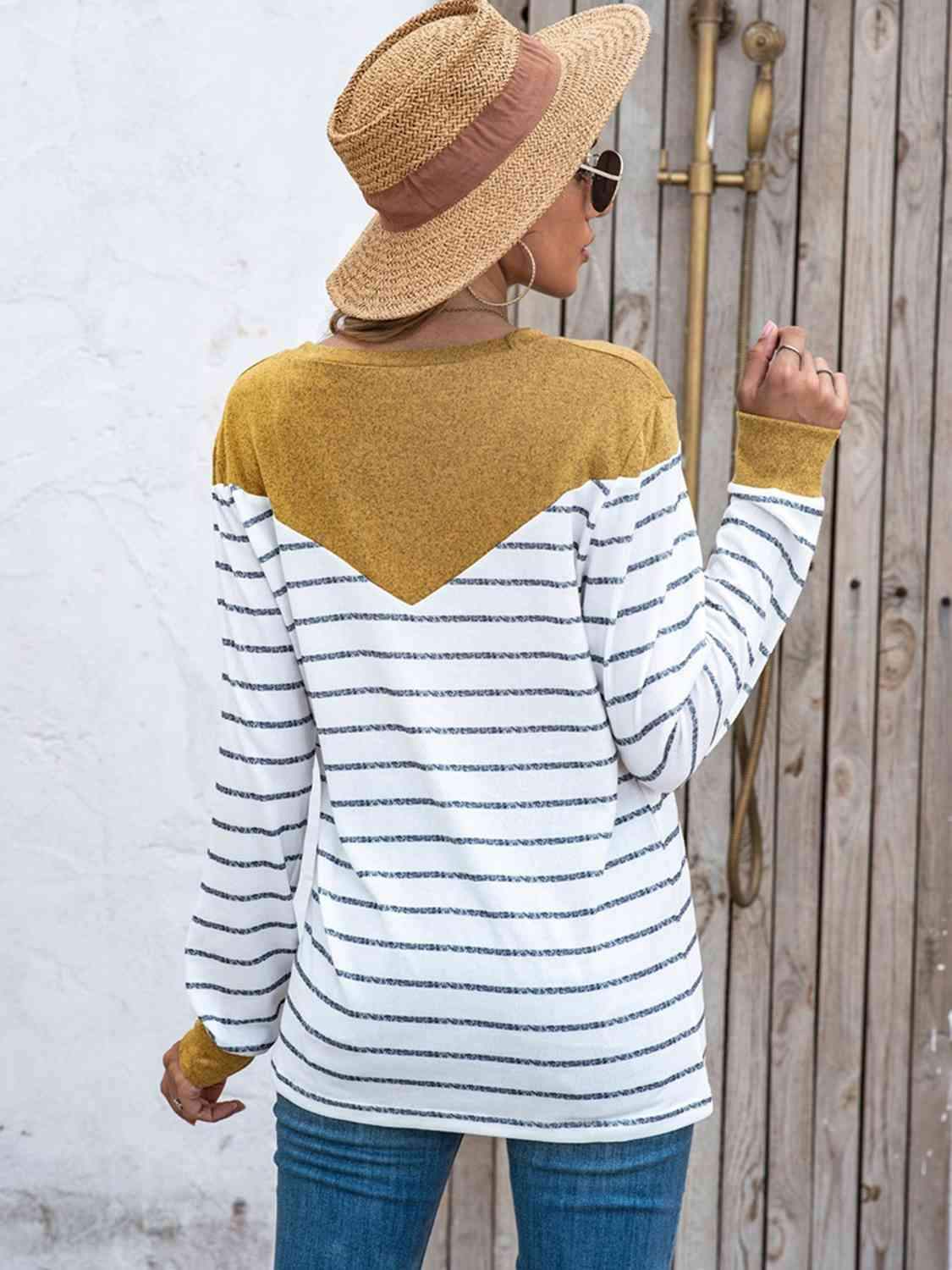 Striped Round Neck Long Sleeve T-Shirt Women's T-Shirts - Tophatter Daily Deals