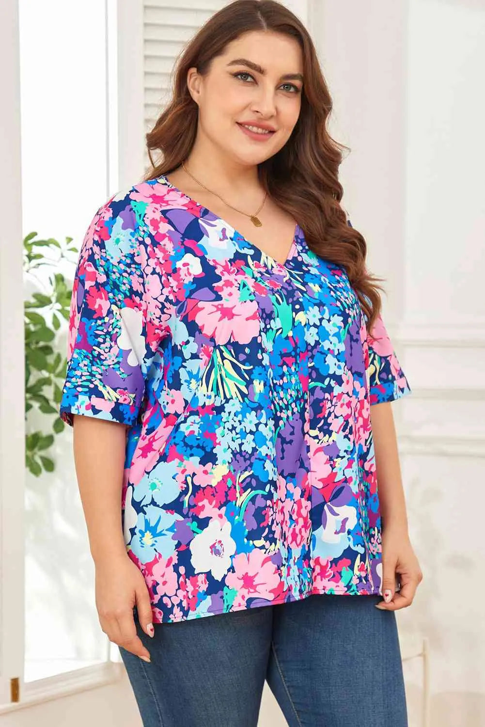 Floral Center Seam V-Neck Blouse Blouses - Tophatter Daily Deals