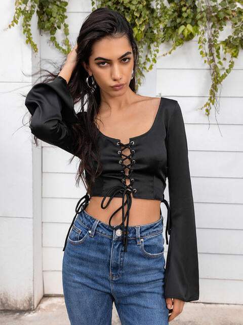 Flare Sleeve Lace Up Crop Top Blouses - Tophatter Daily Deals